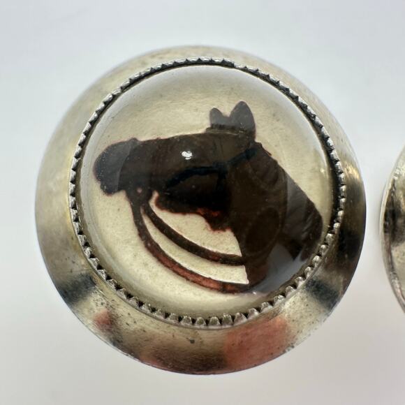 Vintage silver tone domed glass reverse painted intaglio horses cameos cufflinks - Picture 2 of 7